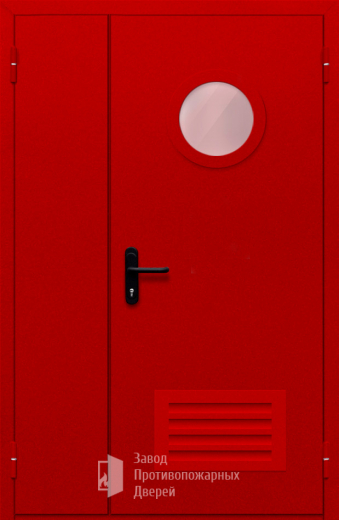 Фото двери «Полуторная с круглым стеклом и решеткой (красная)» в Балашихе