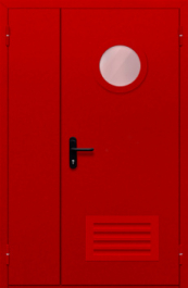 Фото двери «Полуторная с круглым стеклом и решеткой (красная)» в Балашихе